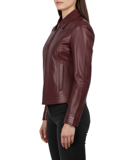 Womens Shirt Collar Maroon Leather Jacket - Side View