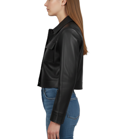 Womens Black Cropped Leather Jacket - Detail View
