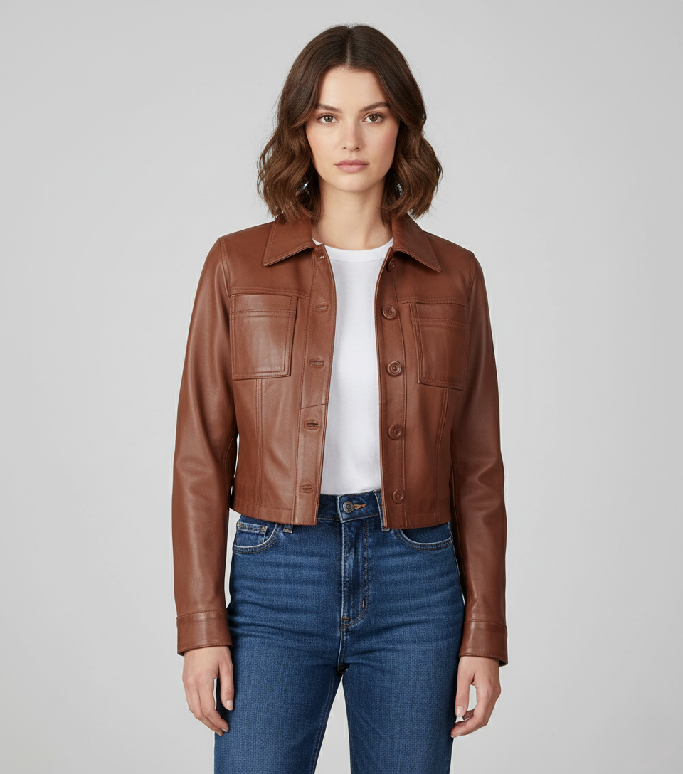 Brown Cropped Leather Jacket for Women - Front View
