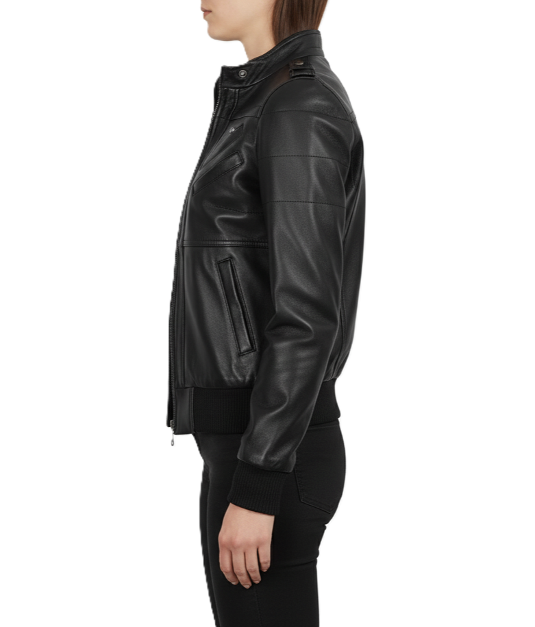 Womens Black Hooded Leather Jacket Removable Hood - Full Look