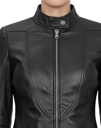 Womens Black Leather Motorbike Jacket - Collar Detail