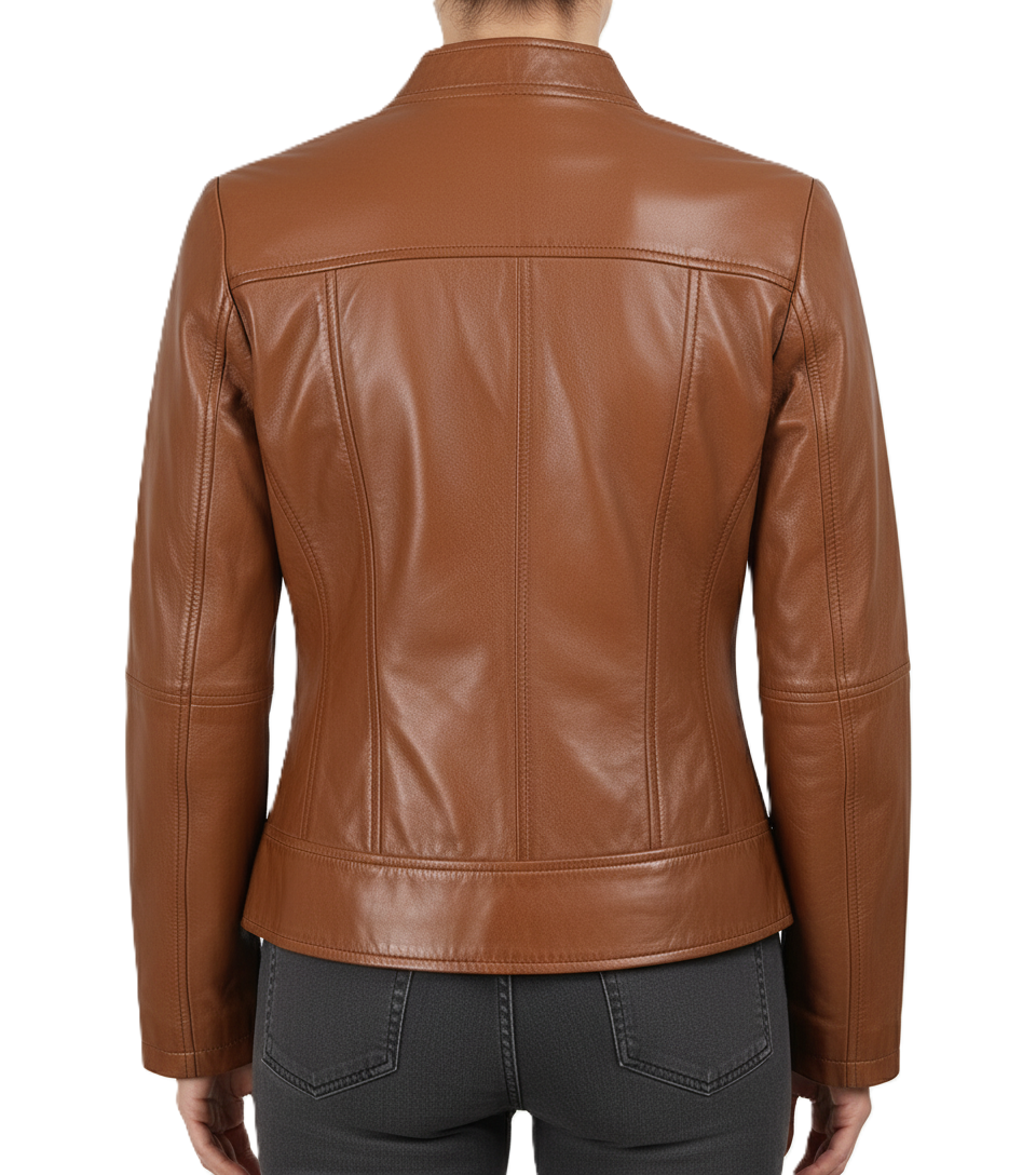 Womens Tan Cafe Racer Leather Jacket - Back View