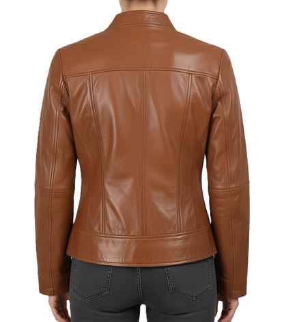 Womens Tan Cafe Racer Leather Jacket - Back View