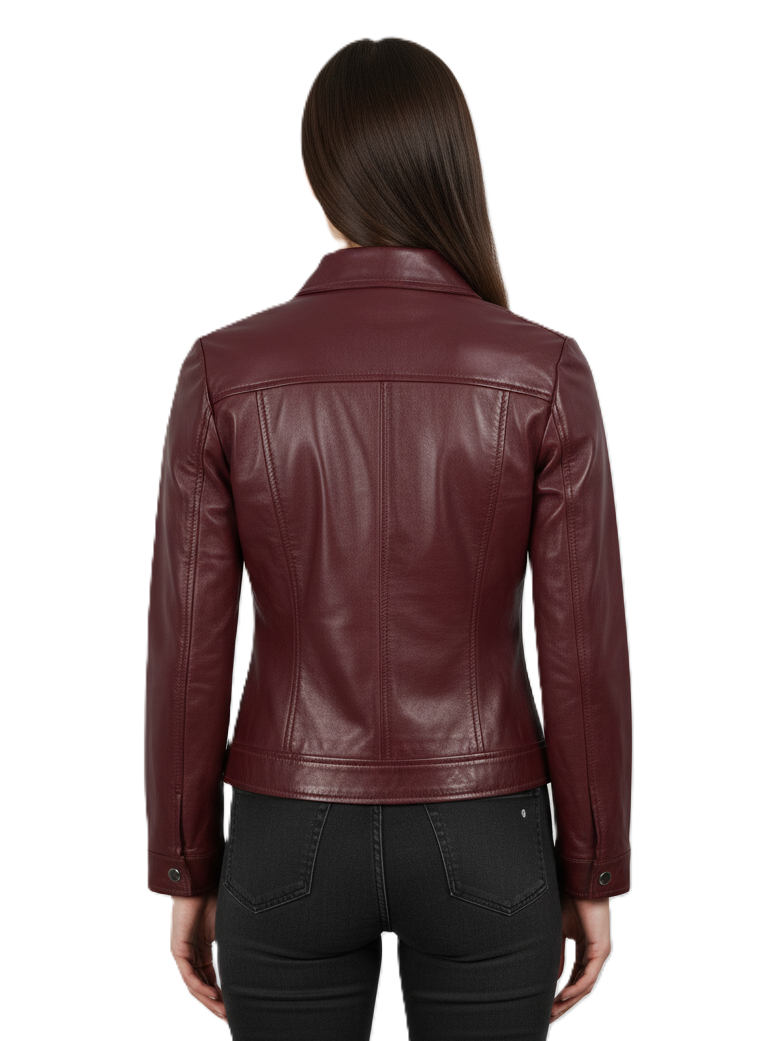 Womens Shirt Collar Maroon Leather Jacket - Back View