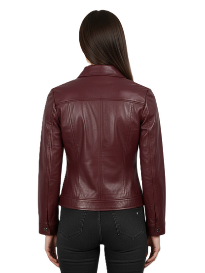 Womens Shirt Collar Maroon Leather Jacket - Back View