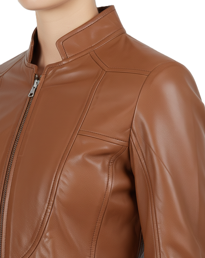 Womens Tan Cafe Racer Leather Jacket - Collar Detail