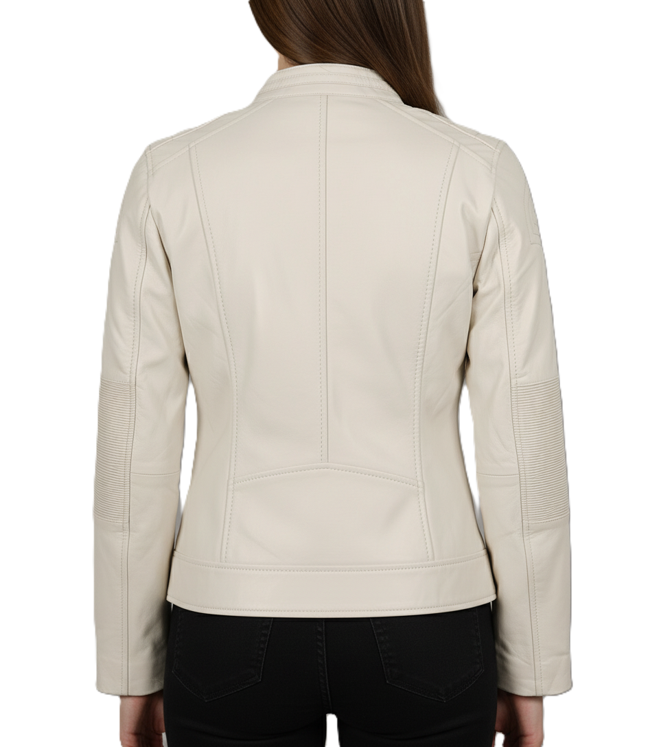 White Leather Biker Jacket for Womens - Back View
