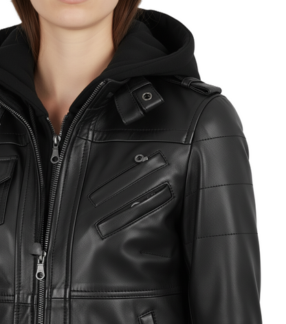 Womens Black Hooded Leather Jacket Removable Hood - Styled Look