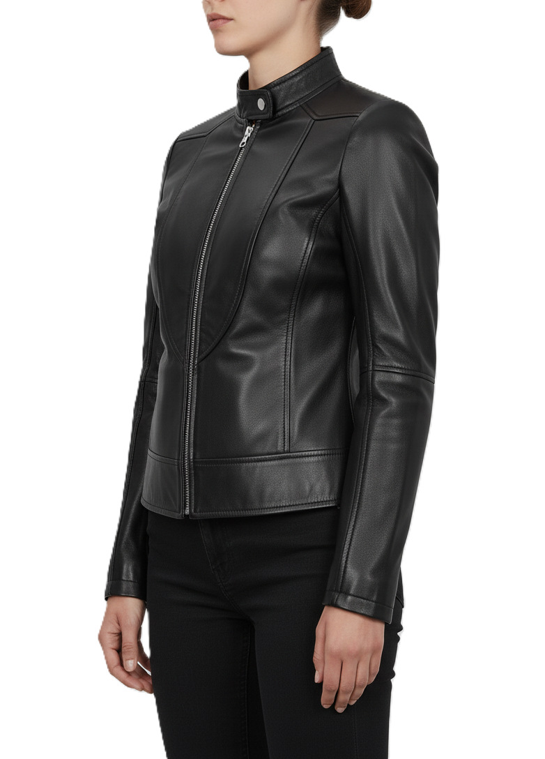 Womens Black Leather Motobike Jacket - Side View