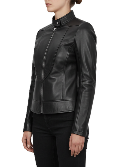 Womens Black Leather Motobike Jacket - Side View