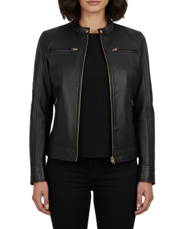 Womens Black Leather Biker Jacket - Front View