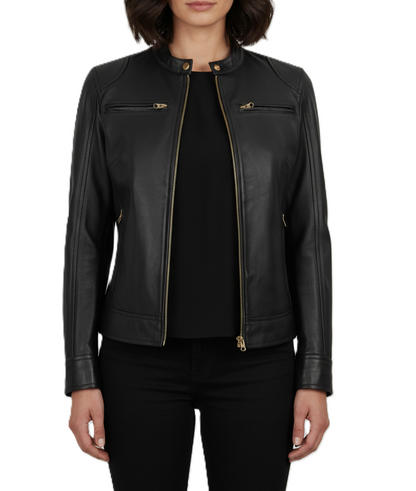 Womens Black Leather Biker Jacket - Front View