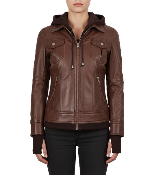 Womens Cognac Brown Waxed Leather Bomber Jacket - Front View