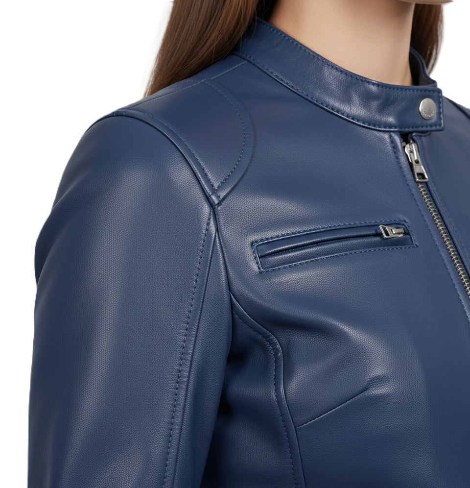 Blue Leather Biker Jacket for Womens - Collar Detail