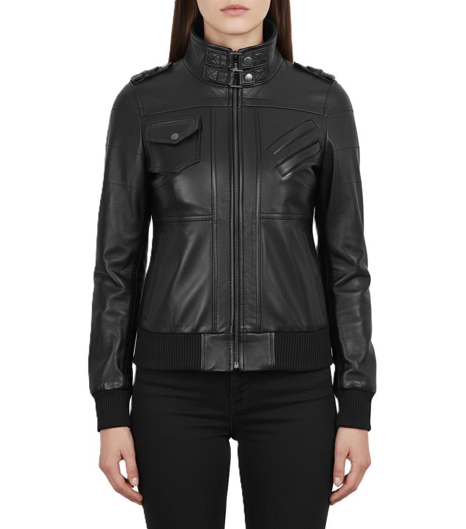 Womens Black Hooded Leather Jacket Removable Hood - Side View