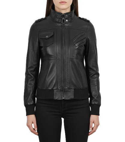 Womens Black Hooded Leather Jacket Removable Hood - Side View