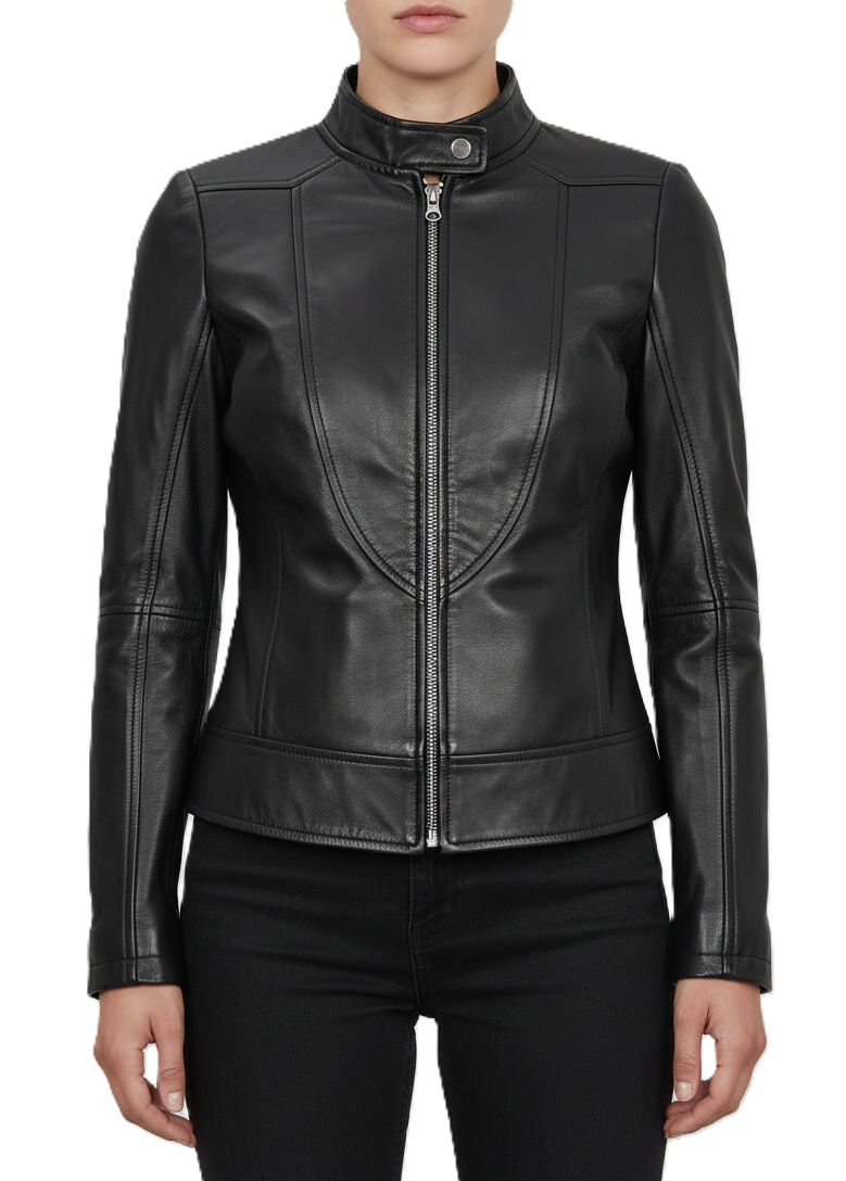 Womens Black Leather Motorbike Jacket - Front View