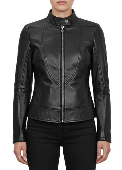 Womens Black Leather Motorbike Jacket - Front View