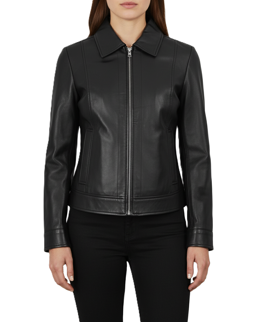 Womens Black Leather Harrington Jacket with Shirt Collar - Front View