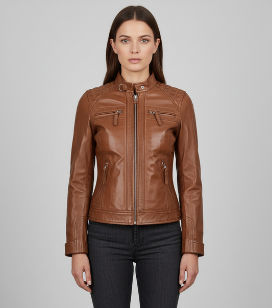 Womens Tan Quilted Cafe Racer Leather Jacket - Front View
