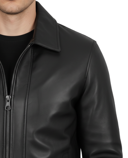 Mens Black Harrington Genuine Leather Jacket - Detail View