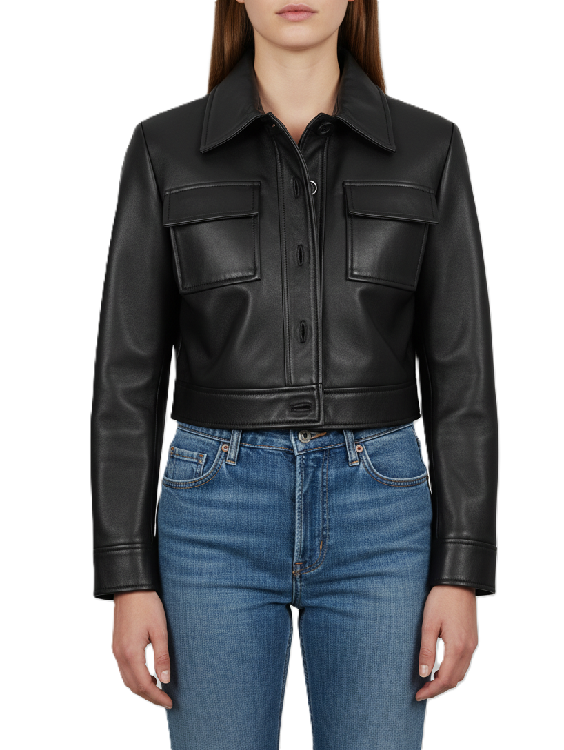 Womens Black Cropped Leather Jacket - Front View