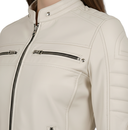 White Leather Biker Jacket for Womens - Collar Detail