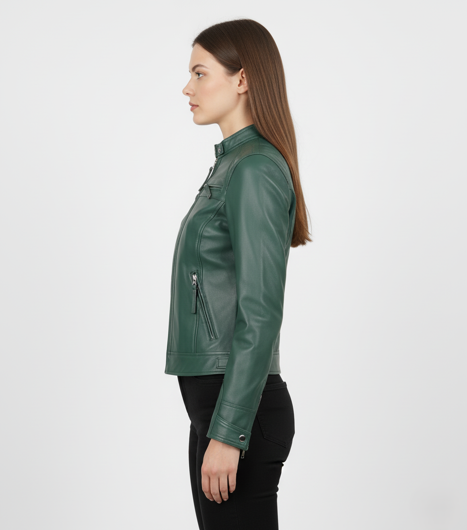 Womens Quilted Green Leather Cafe Racer Jacket - Detail View