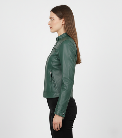 Womens Quilted Green Leather Cafe Racer Jacket - Detail View