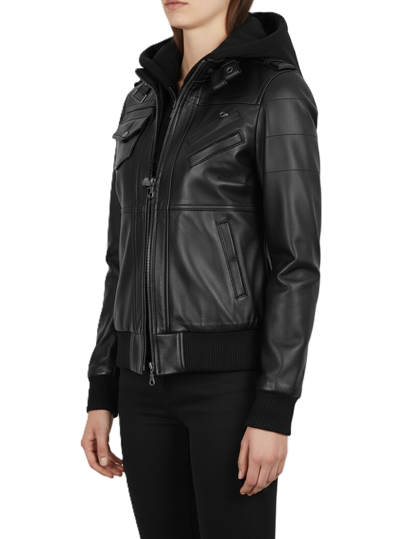 Womens Black Hooded Leather Jacket Removable Hood - Detail View