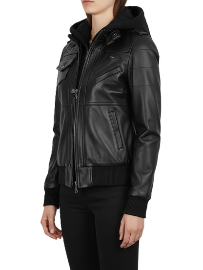 Womens Black Hooded Leather Jacket Removable Hood - Detail View