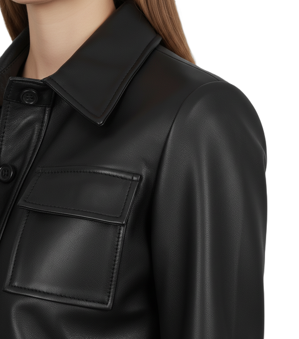 Womens Black Cropped Leather Jacket - Collar Detail