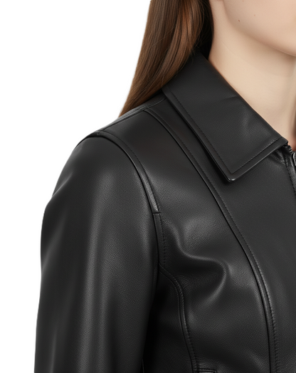 Womens Black Leather Jacket with Shirt Collar - Collar Detail