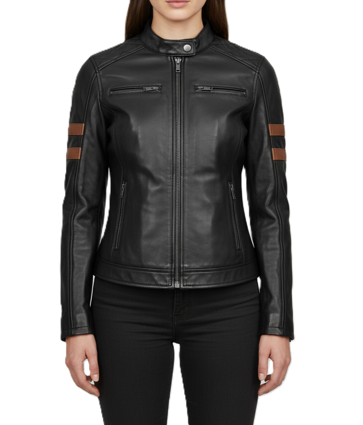 Womens Black Cafe Racer Leather Jacket with Cognac Stripe - Front View
