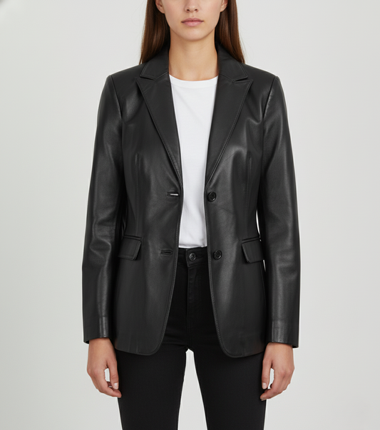 Handmade Womens Black Leather Blazer - Front View
