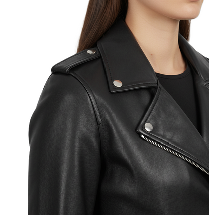 Handmade Womens Leather Biker Jacket - Collar Detail