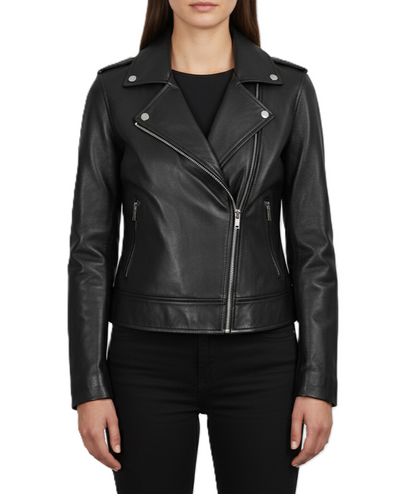 Handmade Womens Leather Biker Jacket - Front View