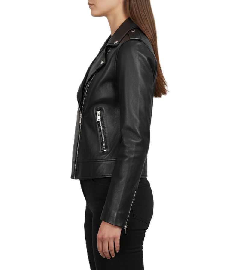Handmade Womens Leather Biker Jacket - Side View