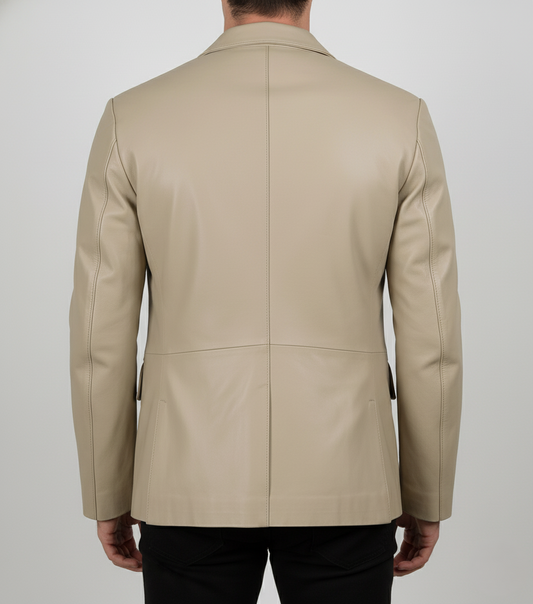 Mens Beige Leather Blazer Real Lambskin Coat - back View