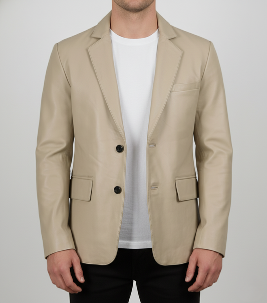 Mens Beige Leather Blazer Real Lambskin Coat - Front View