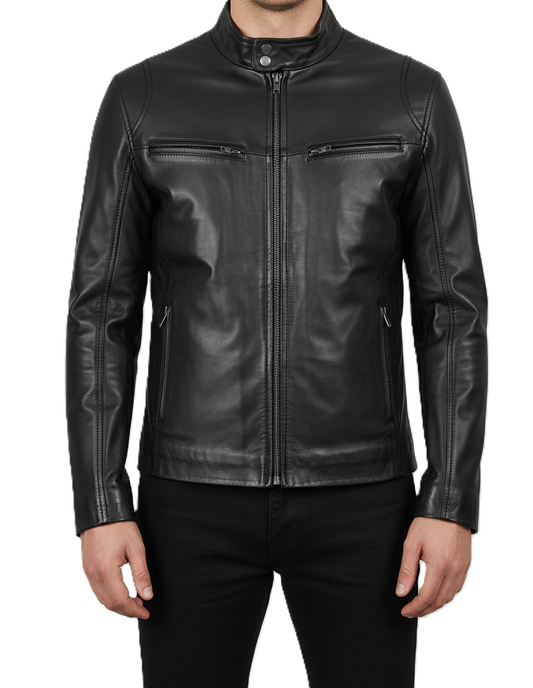Mens Black Biker Style Leather Jacket - Front View