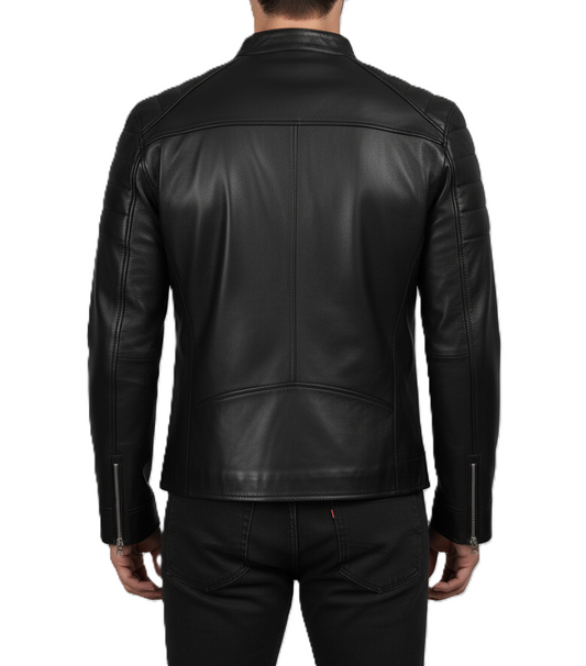Mens Black Leather Cafe Racer Jacket Slim Fit - Back View