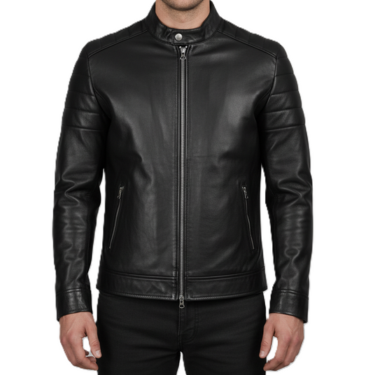 Mens Black Leather Cafe Racer Jacket Slim Fit - Front View