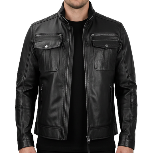Mens Black Cafe Racer Leather Jacket - Front View
