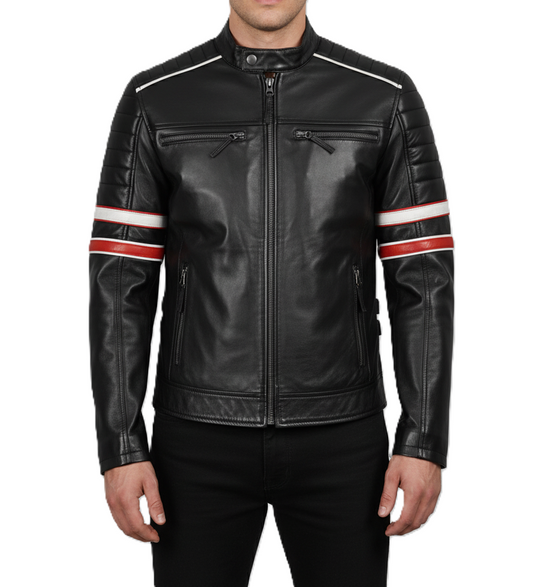 Mens Black Cafe Racer with Red and White Stripes - Front View