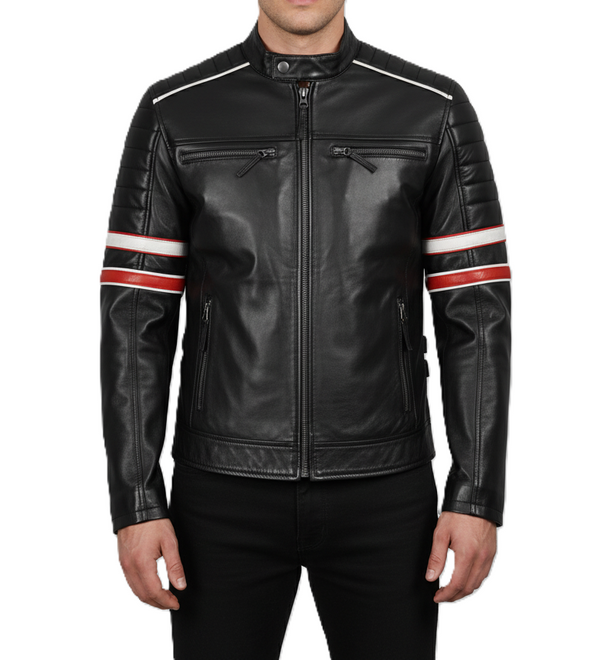 Mens Black Cafe Racer with Red and White Stripes - Front View