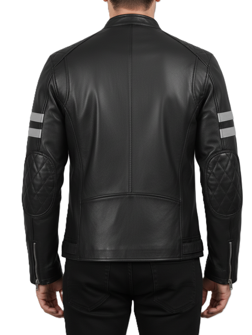 Mens Black Cafe Racer Leather Jacket with White Stripes - Back View