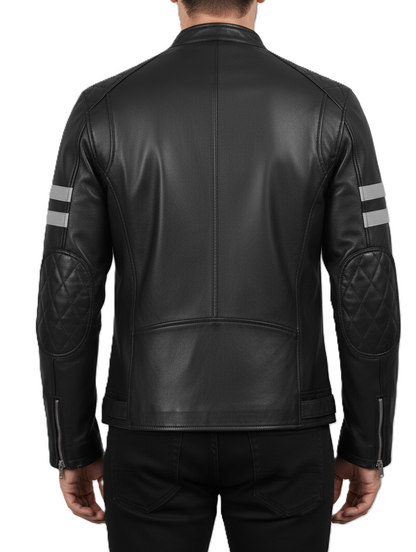 Mens Black Cafe Racer Leather Jacket with White Stripes - Back View