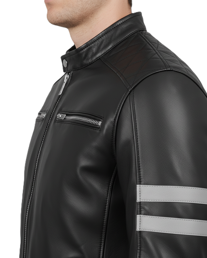 Mens Black Cafe Racer Leather Jacket with White Stripes - Collar Detail