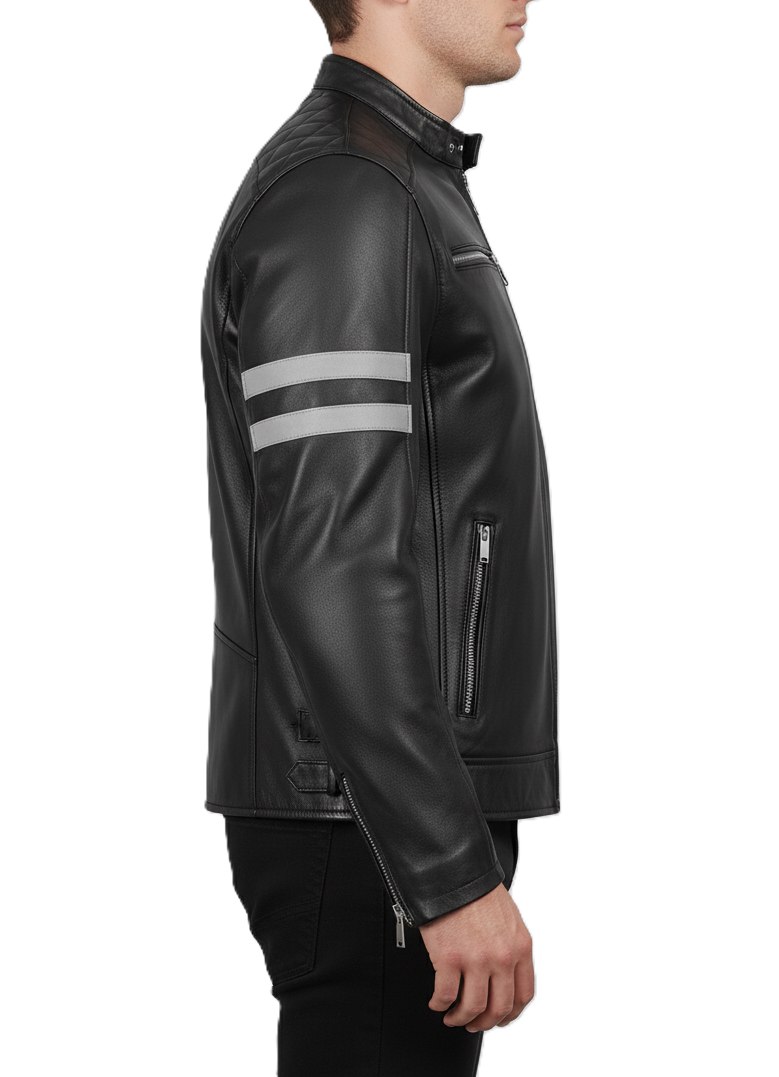Mens Black Cafe Racer Leather Jacket with White Stripes - Detail View